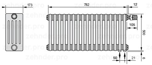 Схема (чертеж) Радиатор Zehnder Charleston 5050/17 №V002 Белый глянцевый RAL 9016